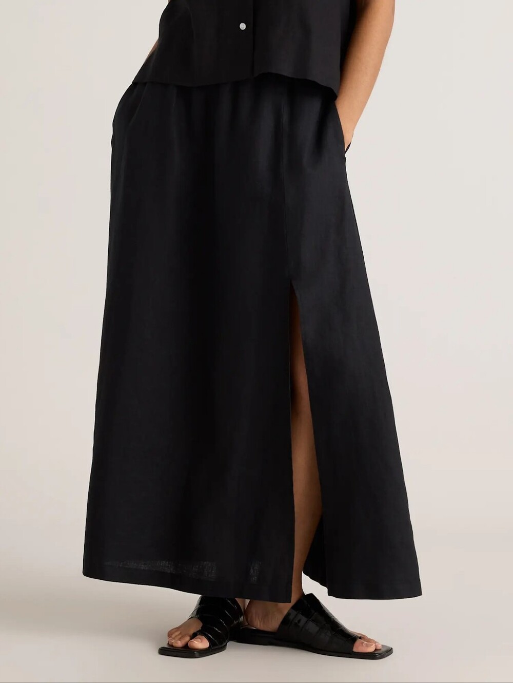 Quince Eurpoean Linen Maxi Skirt Black Women's Small Side Slit Pockets Pull On
